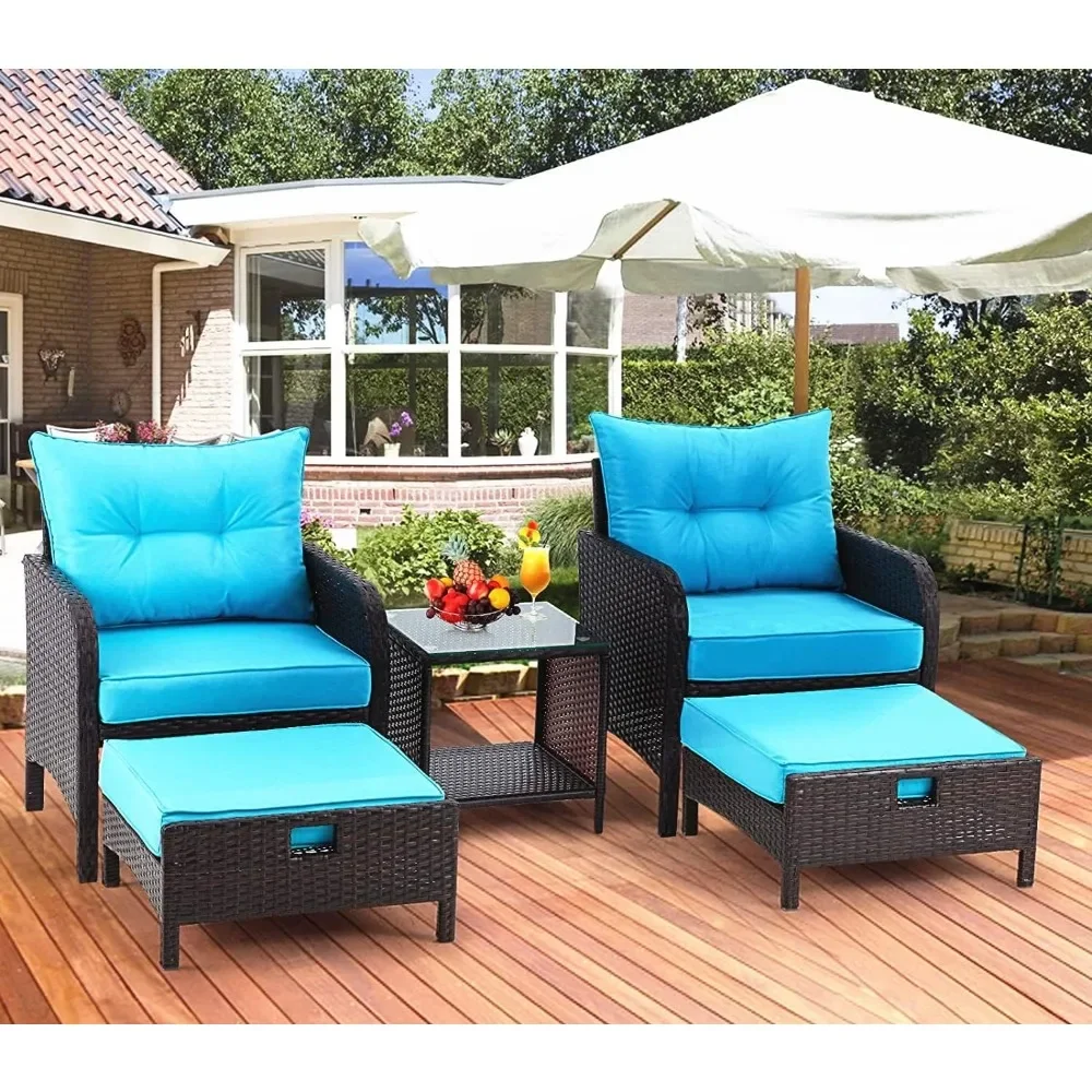 

5 Pieces Patio Furniture Set, Outdoor Rattan Chairs with Tempered Glass Coffee Table, Ottomans & Soft Cushions, Wicker Conversa