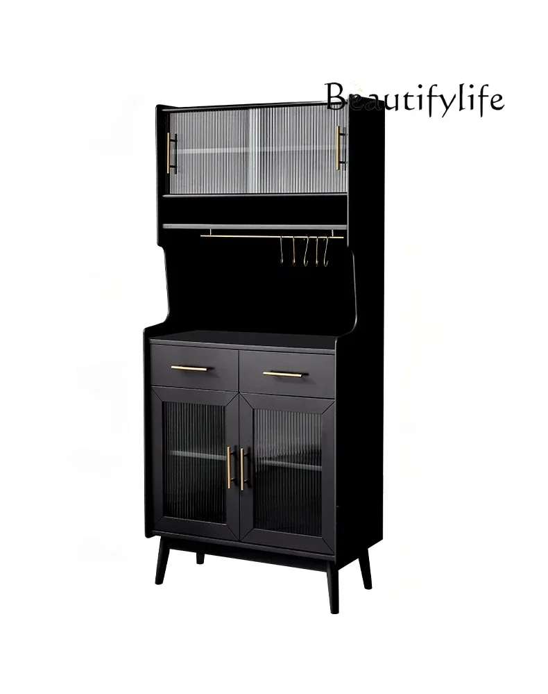 X Solid Wood Living Room Sideboard Cabinet Multi-Functional Kitchen Integrated High Household Narrow Cabinet Black