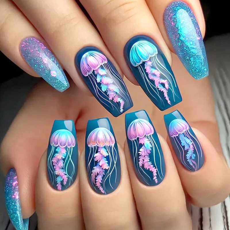 

24Pcs Long Square Press on Nails - Blue Hued Jellyfish Design with Dreamy Ocean Glitter | Fantasy Marine Style