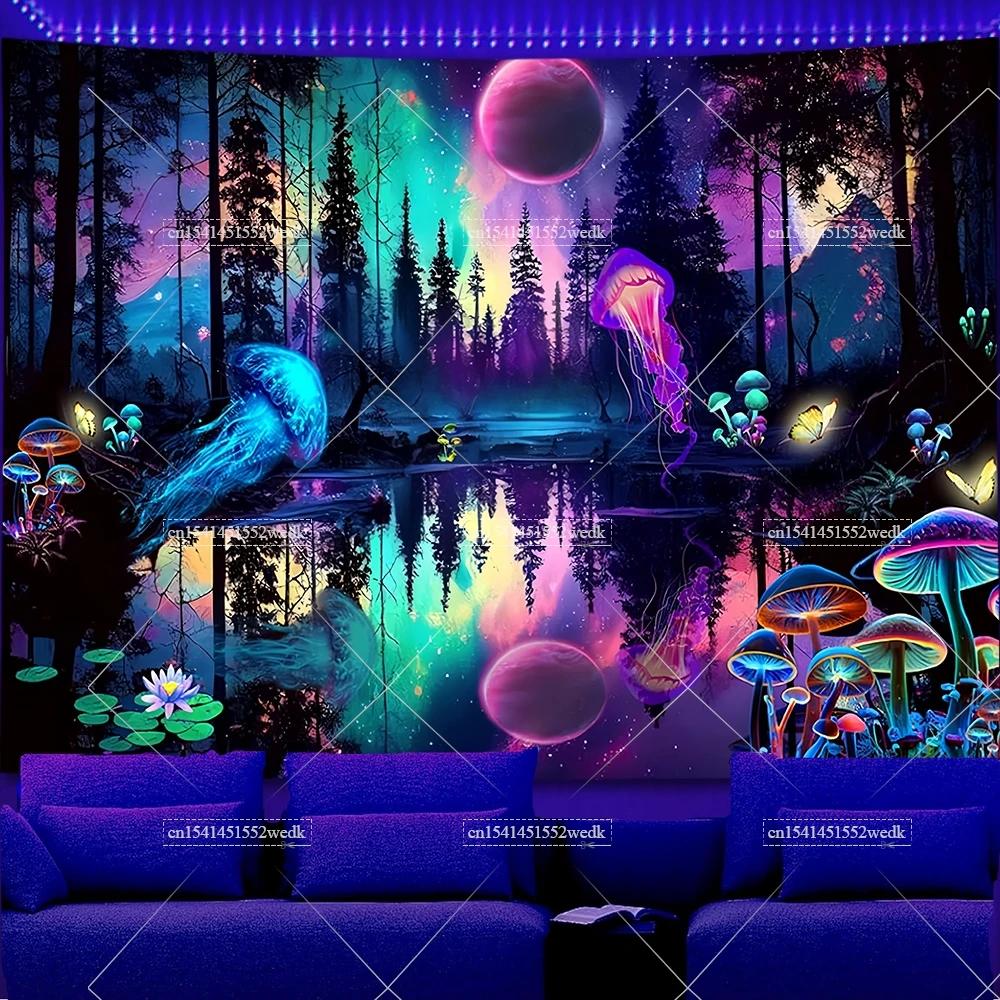 Forest Blacklight Tapestry Jellyfish Tapestries Hippie Mushroom Neon Tapestry for Bedroom UV Reactive Glow In The Dark Posters