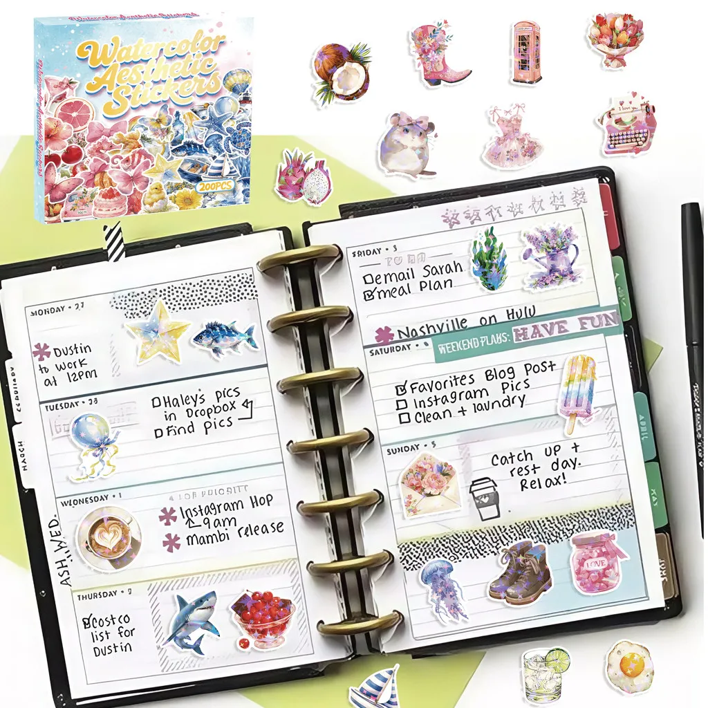 206 قطعة من ملصقات جماليات الألوان المائية - ديكور للمجلات والحرف اليدوية والمشروعات الفنية لتسجيل متجر YourLife