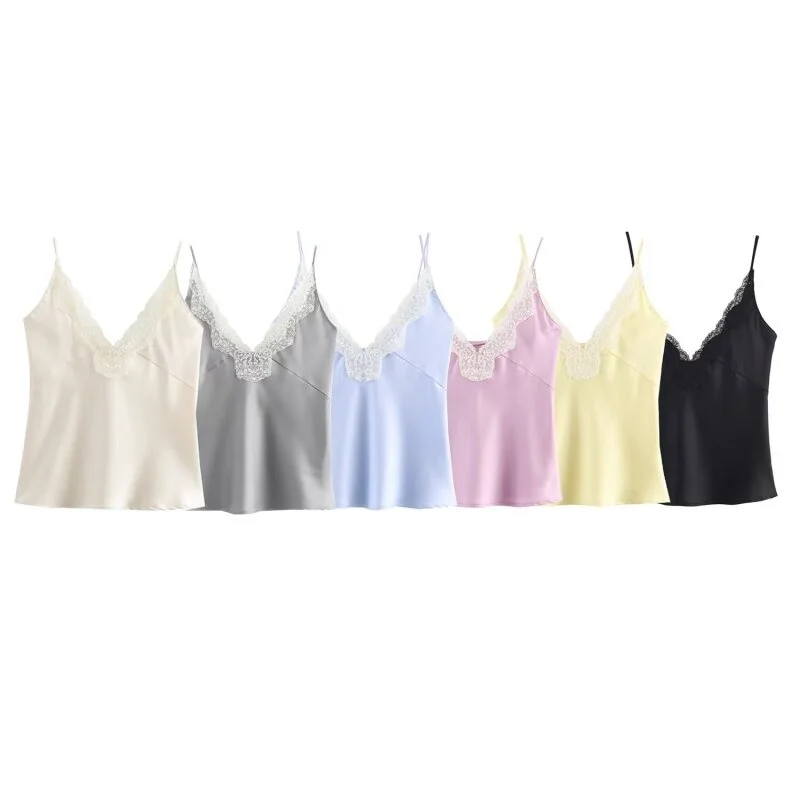 Women's Casual Lazy Satin Texture Spaghetti Strap Top, V-Neck Lace Trim, Multiple Colors for Daily and Lounge Wear