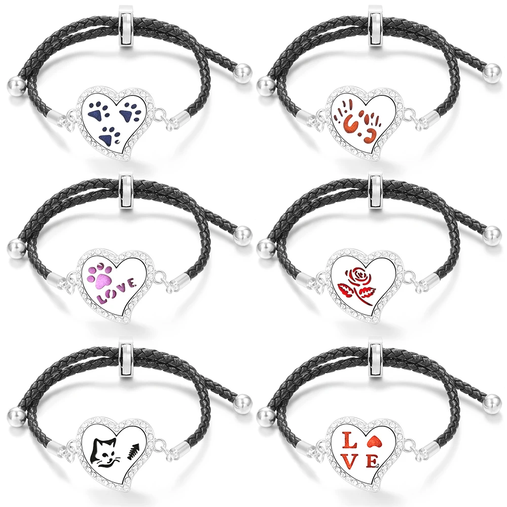Black PU Leather Adjustable Heart Shape Aromatherapy Diffuser Bangle Women Love Essential Oil Perfume Lockets Bracelet Jewelry