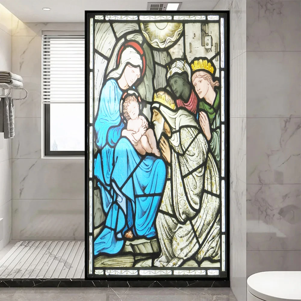 Church Stained Glass Decals Window Film Privacy Heat Insulation and Anti UV Blocking Static Cling Window Sticker for Home J39