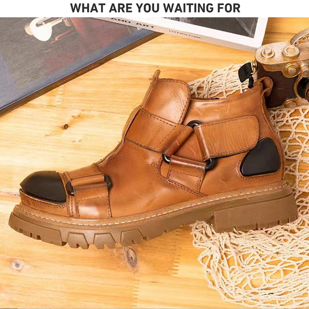 

Fashion Genuine Leather Motorcycle Boots Men's Punk Ankle Boots Thick Bottom Western Cowboy Boots Round toe Cowboy Boots Brown