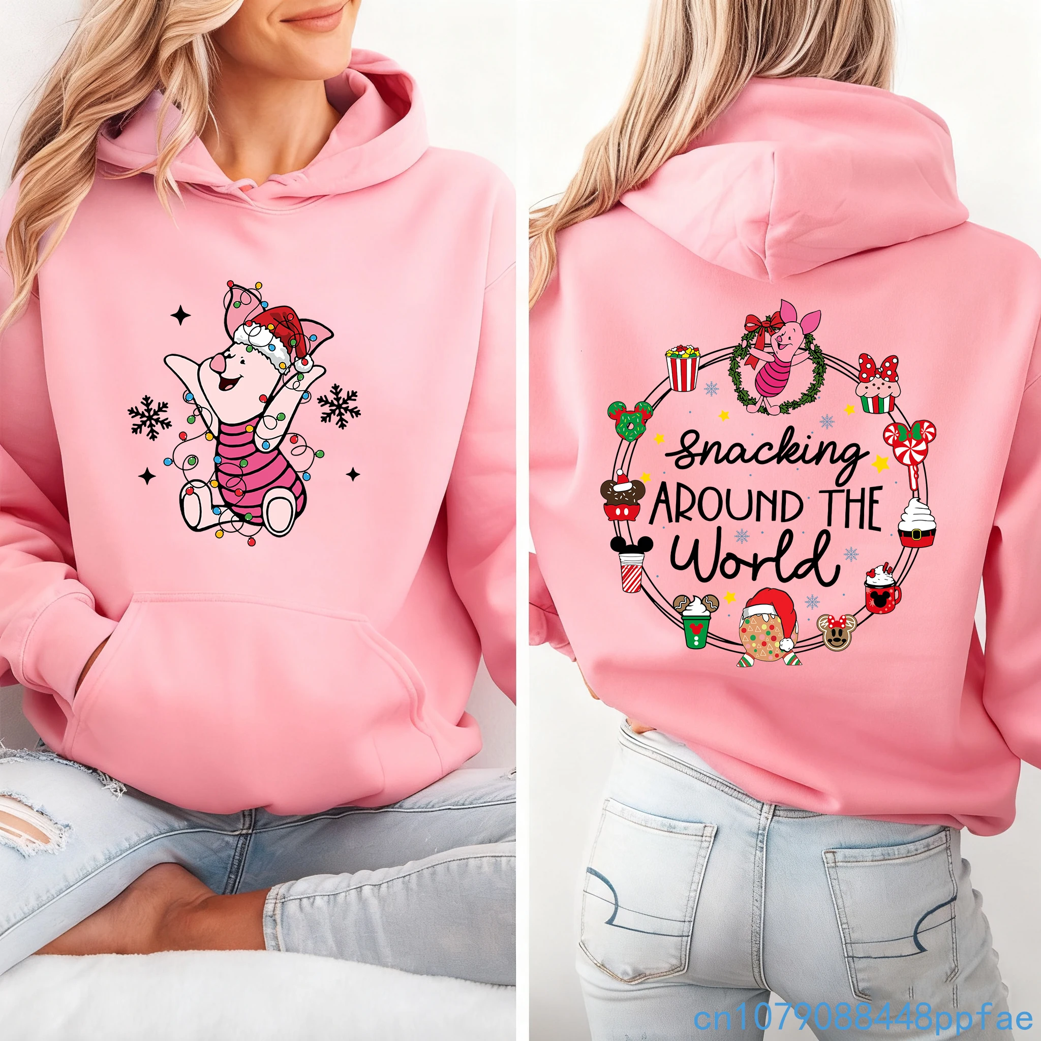 Nuova felpa con cappuccio con stampa di avventure natalizie con maialino carino per donna Felpa da indossare natalizia comoda e casual alla moda