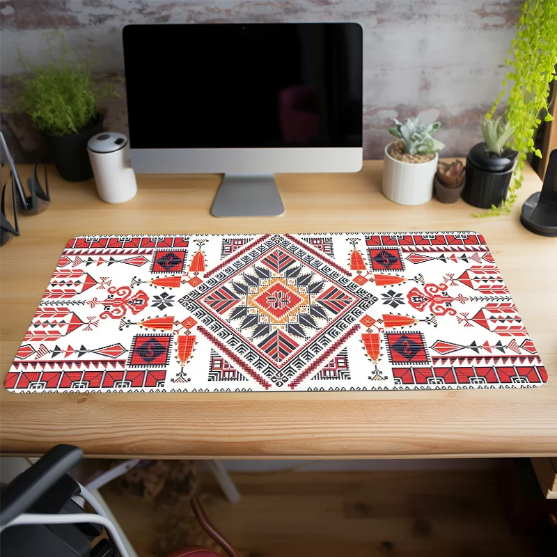 Red Boho Geometric Design Mouse Pad Stylish Ethnic Art Gaming Large Desk Pad Computer Keyboard Mousepad with Non-Slip Rubber