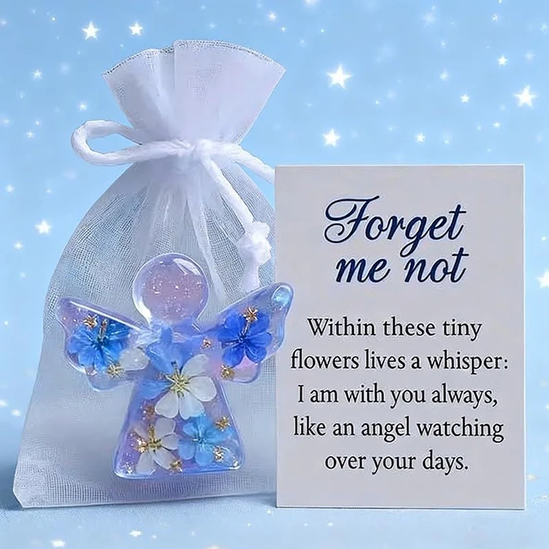 Cherished Guardian Angel Resin Figurine with Forget Me Not Flowers, Keepsake Pouch and Sympathy Card