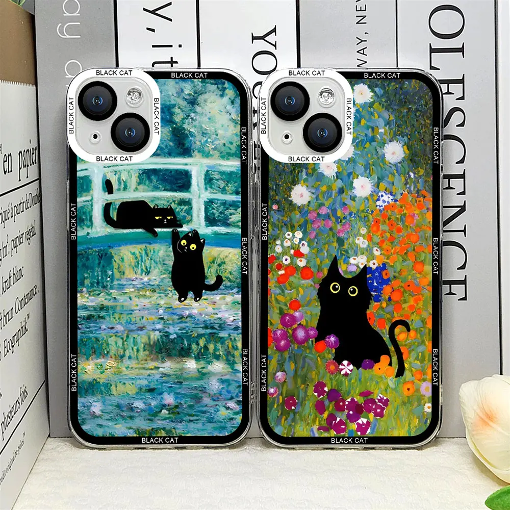 Retro Oil Painting Van-Gogh Flower Art Cat Phone Case for IPhone 15 11 13 12 Mini 14 Pro Max 7 8Plus SE X XS XR Soft Cover Shell