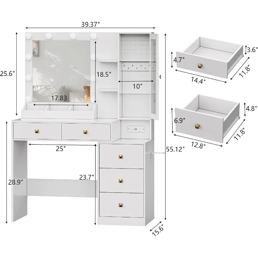 Vanity Desk with Mirror and Lights, Makeup Vanity Mirror with Lights Desk with 5 Drawers, Jewelry Organizerand LED Glass Cabine