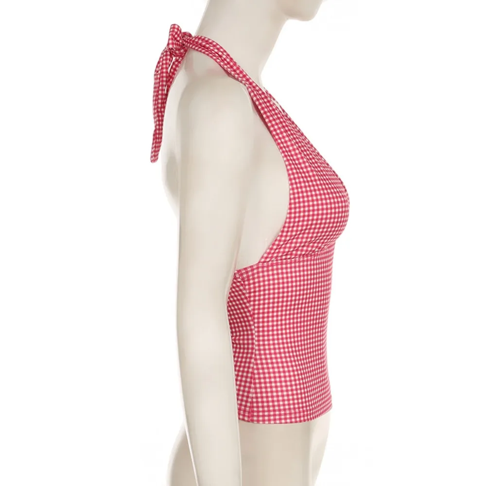 

Stylish Love Heart Sleeveless Crop Top Korean Style Grid Pattern Halter Vest Top Chic Ins Y2K Women Camisole Hot Girl