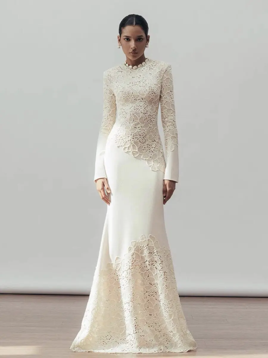 Vestido de sirena de encaje bordado para mujer, elegante vestido maxi ajustado vintage, vestido de fiesta formal chic, venta al por mayor para primavera y otoño