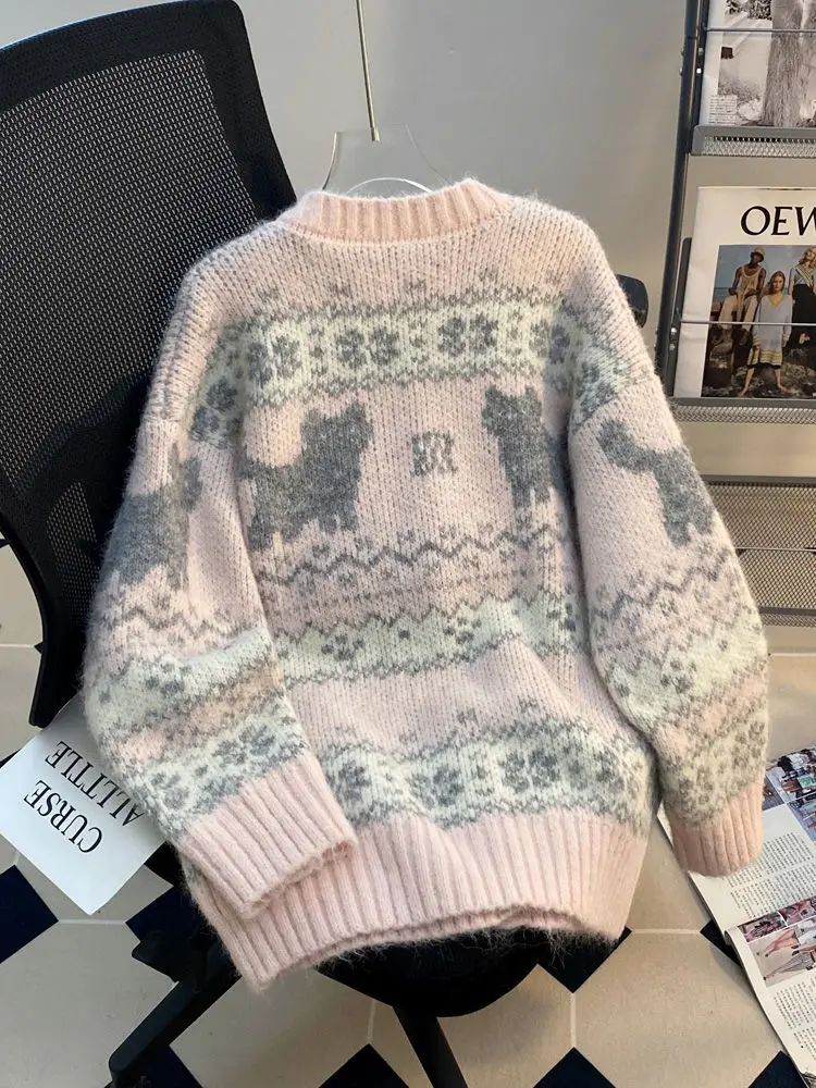 Korejpaa الكرتون القط الجاكار سترة مشغولة من الصوف الكورية موضة سترة سترة المرأة الخريف الشتاء معطف تريكو لطيف القمم