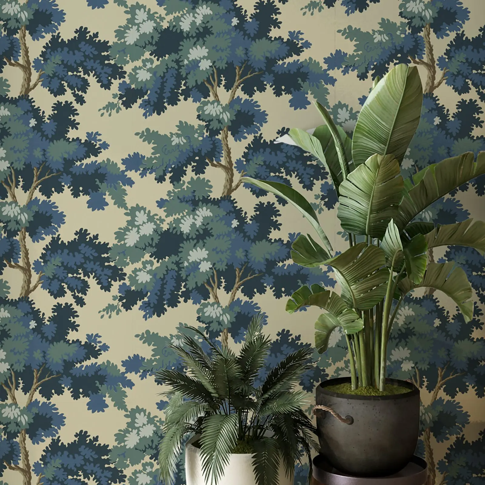 Wonderland Misty Forest Wallpaper with an antique woven tapestry showing a lush landscape in Blue Color, Scandinavian Wallpaper