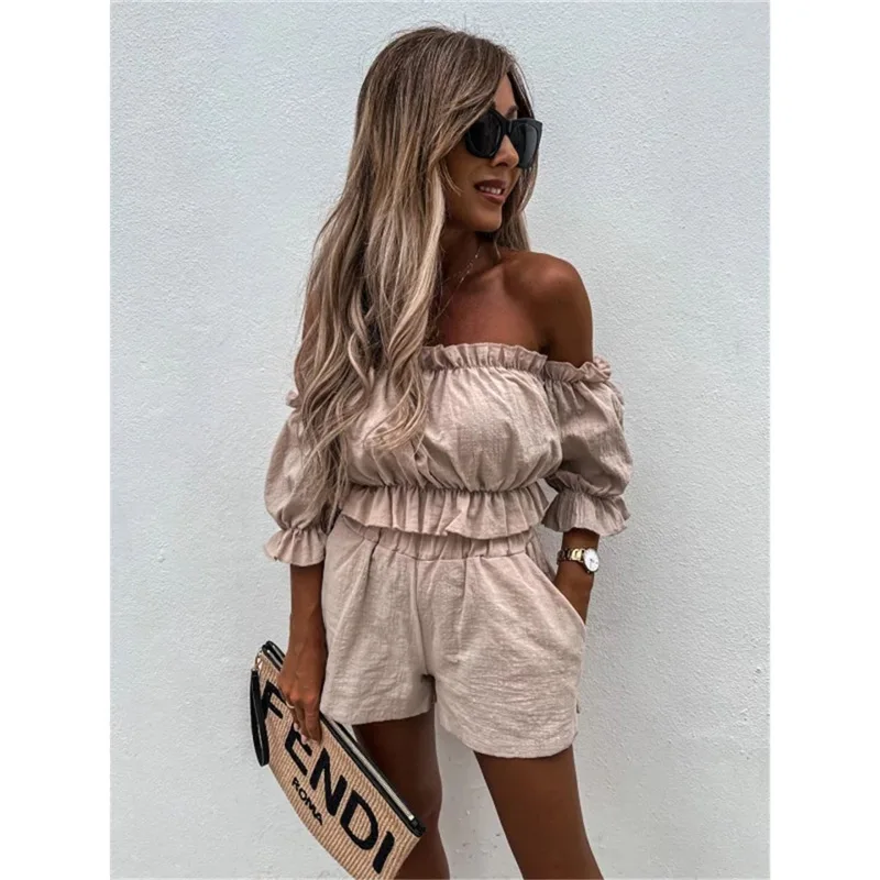 Women\'s Two Pieces Set Outfit Summer Fashion Casual One-Word Collar Lantern Sleeve Cotton and Linen Suit Female Top Shorts sets