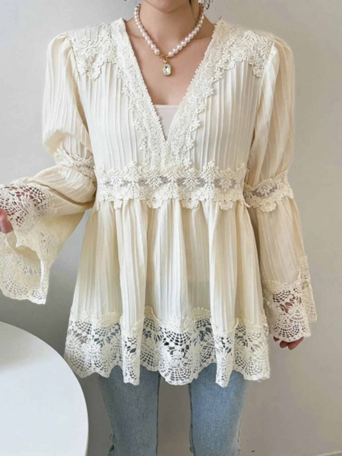

Solowen Summer Lace Hollow out V-Ne Waist Cinched Cotton Comfortable Bell Sve irt Ladylike Commute Sle Pure Color Lo...