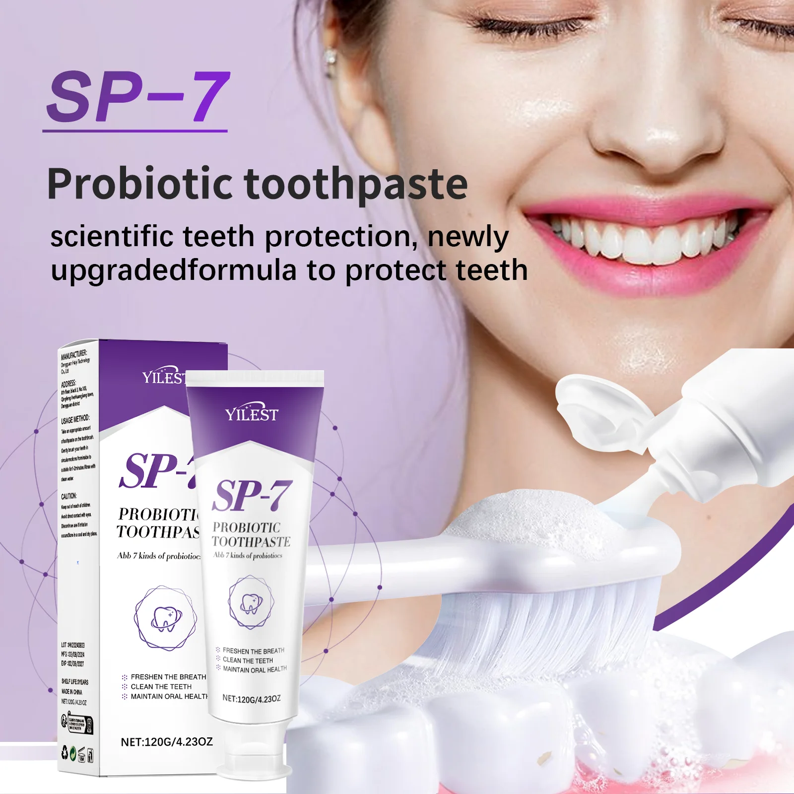 

120g YILEST SP-7 Probiotic Toothpaste - Fresh Breath, Whitening Teeth, Fight Plaque, Natural Ingredients for Oral Care