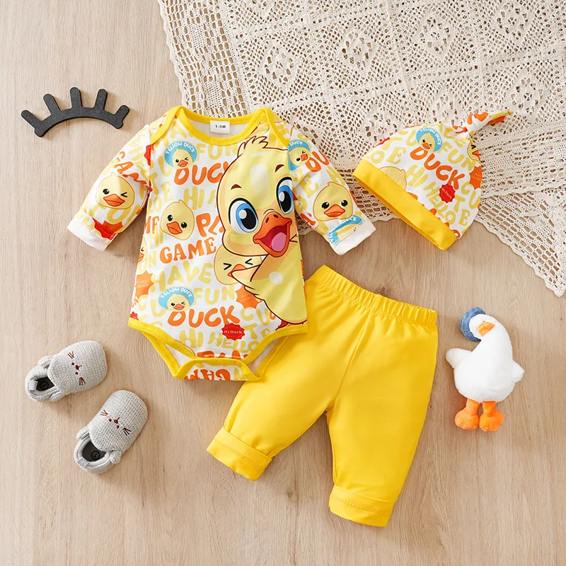 

Autumn New 3PCS Baby cap Triangle Jumpsuit Trousers Cute Yellow Duck Long Sleeve Newborn Knitted Soft Comfortable Print Clothes
