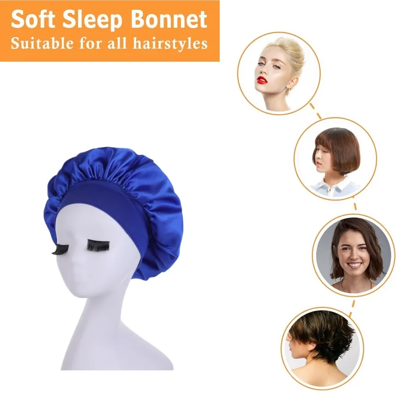 Women Night Sleep Hair Caps Silky Bonnet Satin Double Layer Adjust Head Cover Hat For Curly Springy Hair Styling Accessories