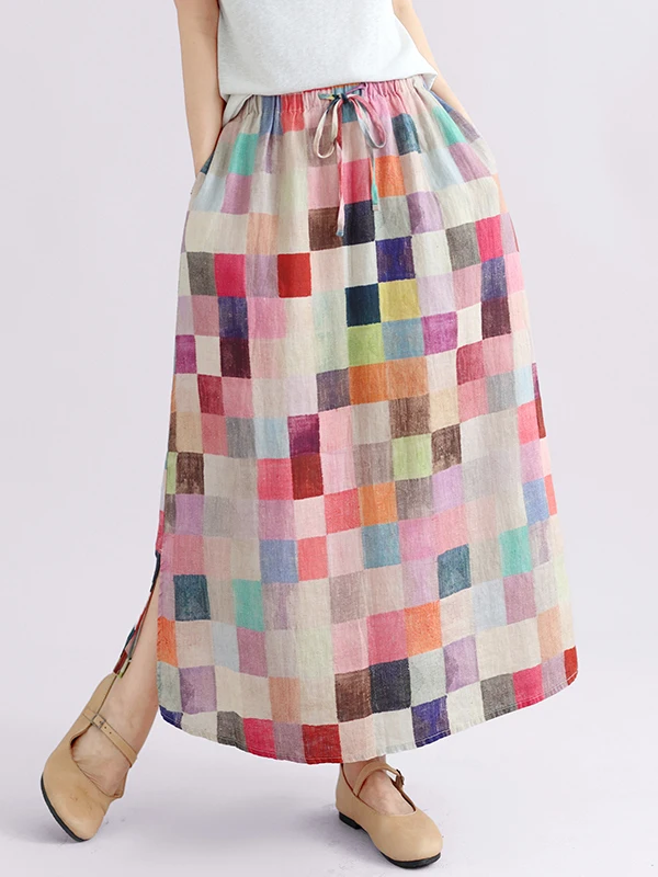 Retro Washed Linen Casual Digital Print Half Skirt Brand Women's Fashion Early Autumn New Style Artistic Commute Skirt