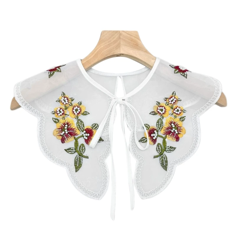 Embroidered Flower Faux Collar Decorative Collars for Clothing Dresses Removable False Collar Women Adjustable Shawl