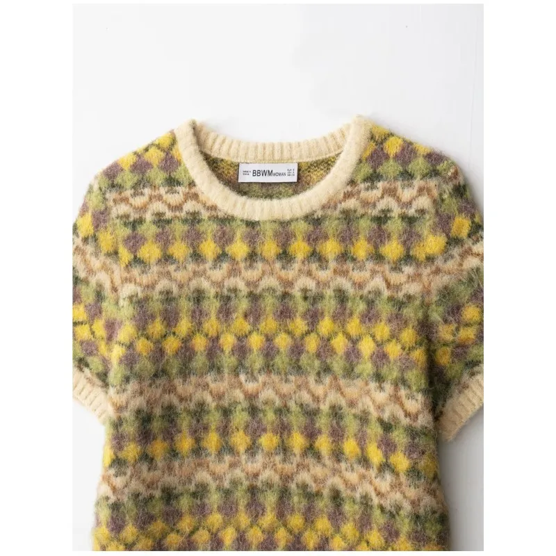 المرأة الجاكار محبوك تأثير سترة الخريف الجولة الرقبة قصيرة الأكمام مضلع متفوقا الإناث البلوفرات الموضة غير رسمية #3