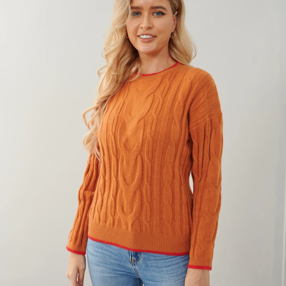 Acryl coltrui Pullover voor Vrouwen, Twist Flower Trui, Verdikte gebreide kleding, Lange mouw, Oranje Kleur, Herfst en Winter