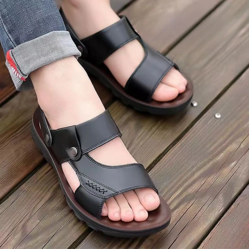 

Мужские летние сандалии из мягкой кожи, мужские уличные нескользящие сандалии на плоской подошве с открытым носком, удобные спортивные пляжные сандалии