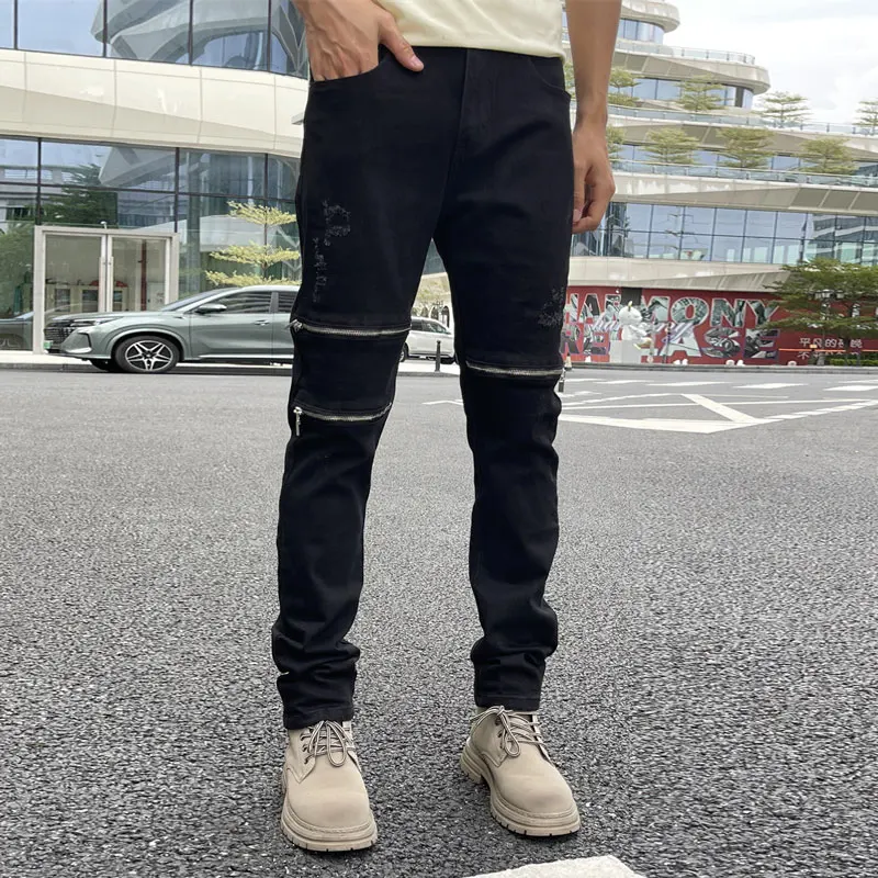 Black Men Slim Fit Jeans Contrast Line Patchwork Stretch Skinny DenimY2K