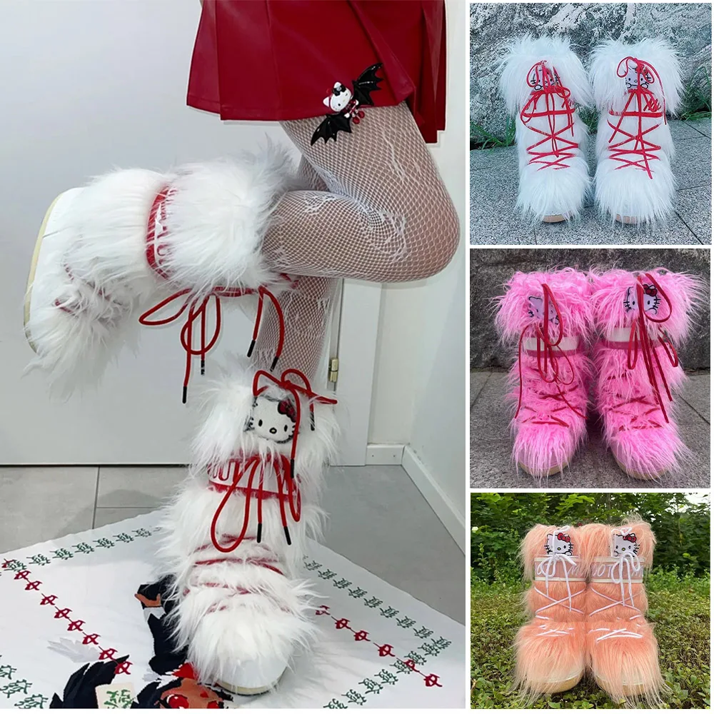 Kawaii Sanriod Hellokittyed Snow Boots Women Soft Fashion Sexy Popularity Cute Mid Boot Warm Snow Boots Girls Holiday Gift