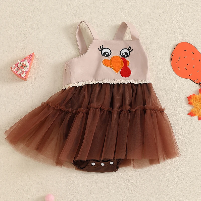 New Baby Girls Thanksgiving Romper Dress Sleeveless Turkey Embroidery Tulle Patchwork Romper 0-18 Months