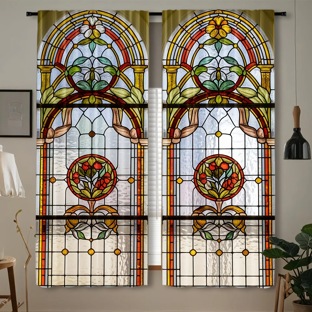 Vintage Church Stained Glass Window Curtains 2 Panels, Arch Fruit Floral Mosaic Color Art Print for Cottage Room Curtain