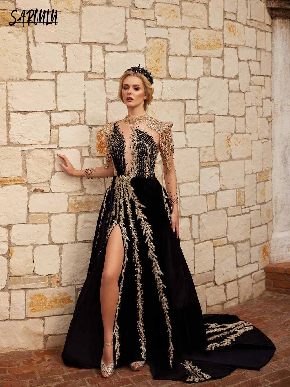 

Chic Black High Neck Evening Dress Charming Party Kaftan Dress Luxury Beading Crystals Gown Vestidos De Gala Floor-length