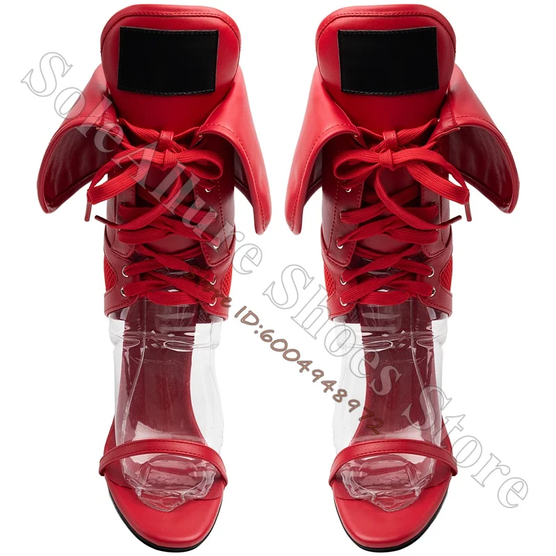 Red Fold Over Cuff Stiletto Heel Ankle Boot Sandals Open Square Toe Mesh Patchwork Lace Up High Top Sexy Party Ladies High Heels view 5