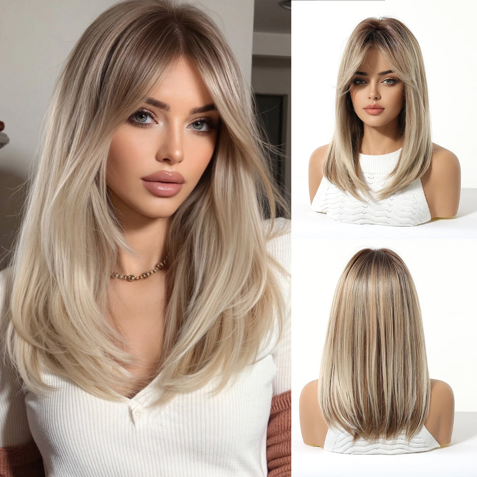 Blonde Mixed Brown Straight Synthetic Wigs Medium Length Dark Root Wig with Bangs for Women Daily Part Use Heat Resistant Fiber