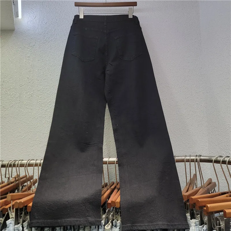 HKSH 2026 Spring New Women Wide Leg Jeans Embroidery Studded Diamonds Slimming Retro Elegant Versatile Denim Pants Trend HK19096