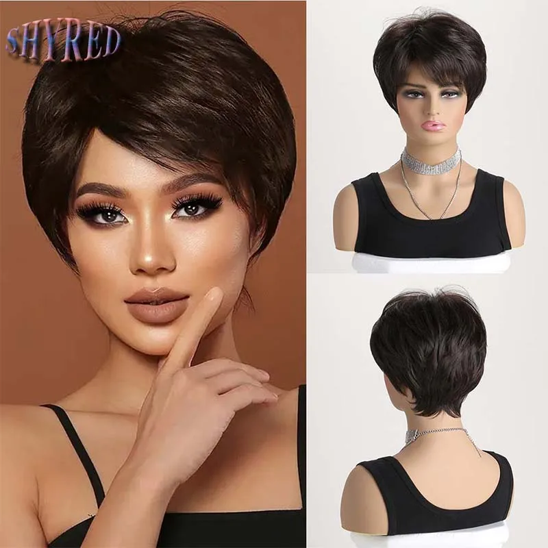 

Synthetic Brown Pixie Cut Wigs Short Layered Straight Wig with Fluffy Bangs for Women Cosplay Daily Hair Heat Resistant