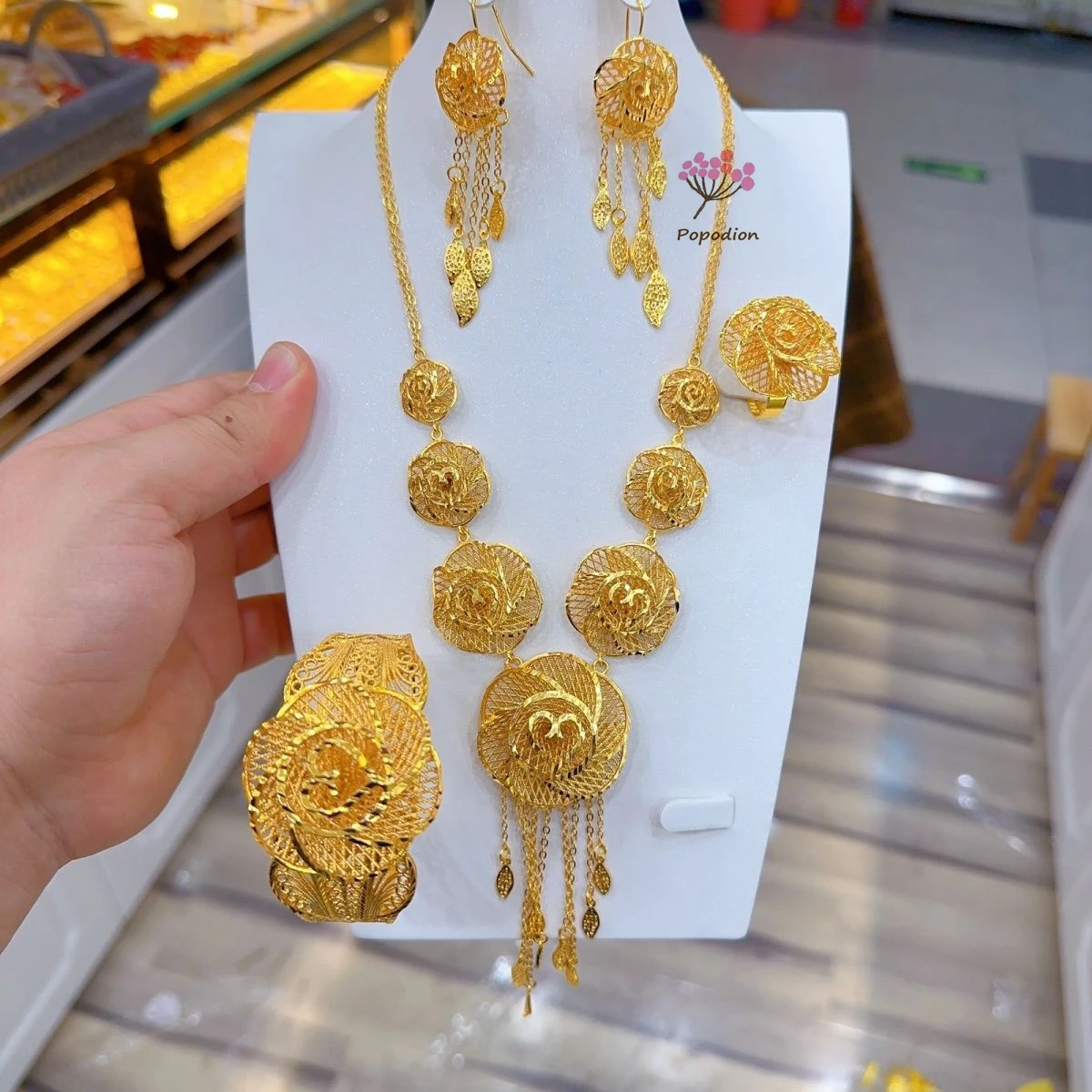 

New Dubai 24K Gold Plated Jewelry Flower Necklace Earrings Bracelet Women's Earrings Popodion Wedding Dress Accessories YY10431