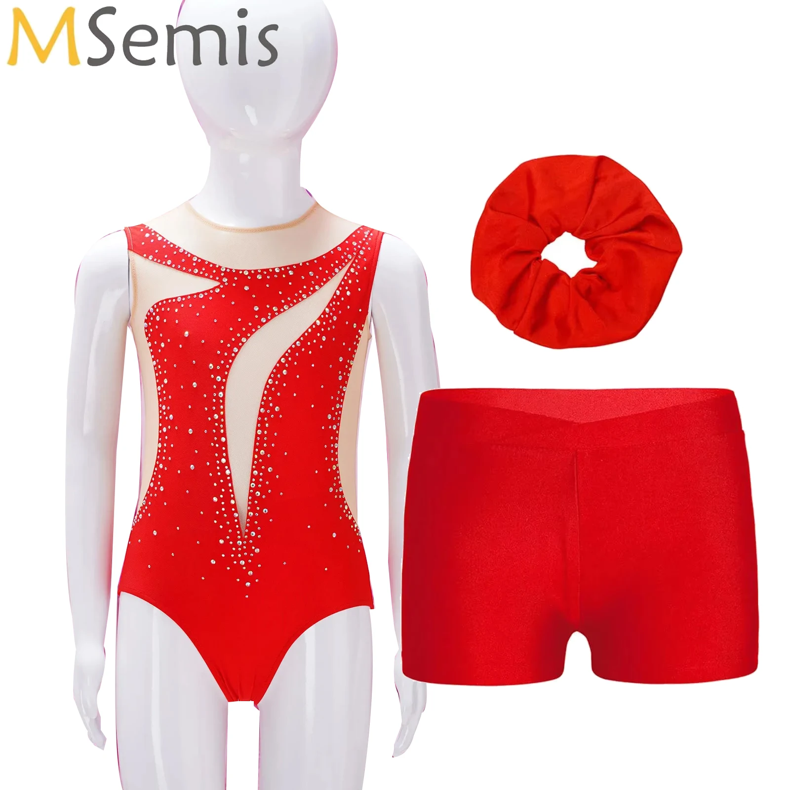 

Kids Girl Ballet Jersey Gymnastic Leotard with Shorts Headwear Set Figure Skating Performance Costume Shiny Rhinestones Bodysuit