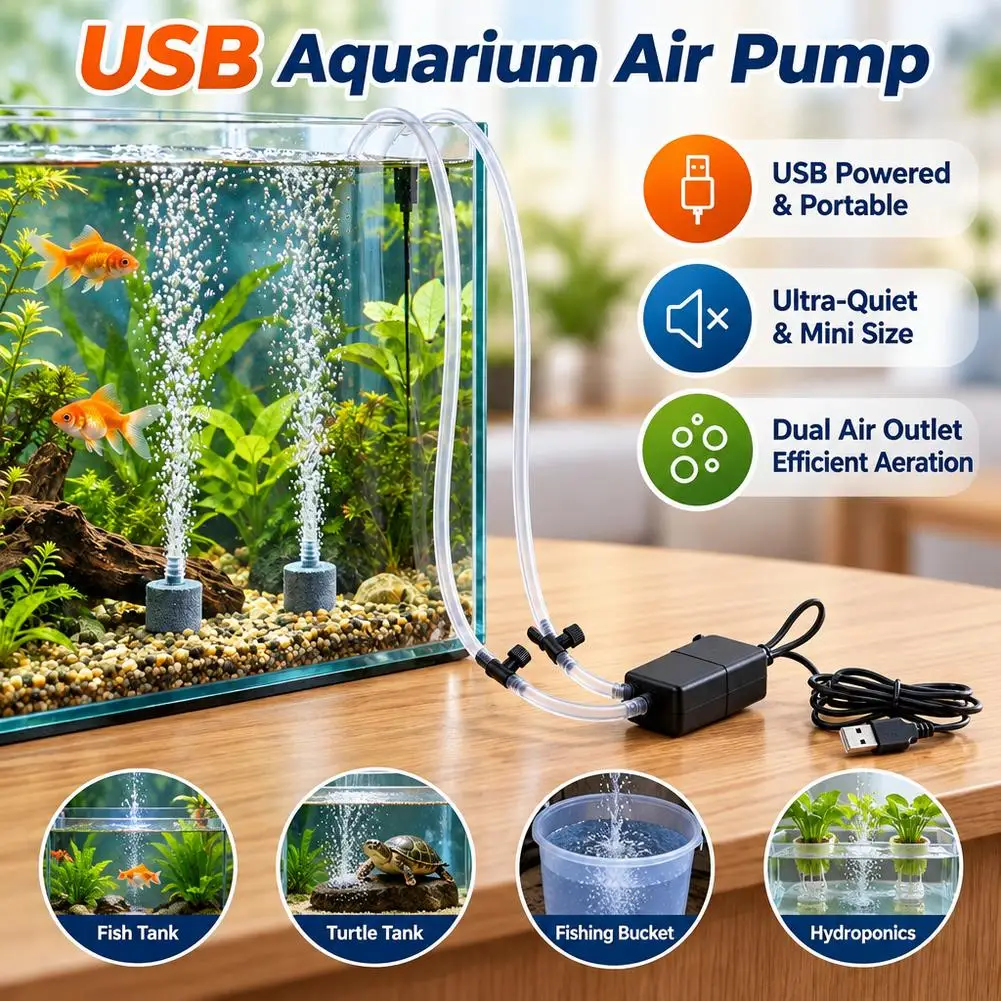 USB Aquarium Air Pump Ultra Quiet Dual Outlet Oxygen Aerator Portable Fish Tank Oxygen Pump for Fishing Bucket Aquarium