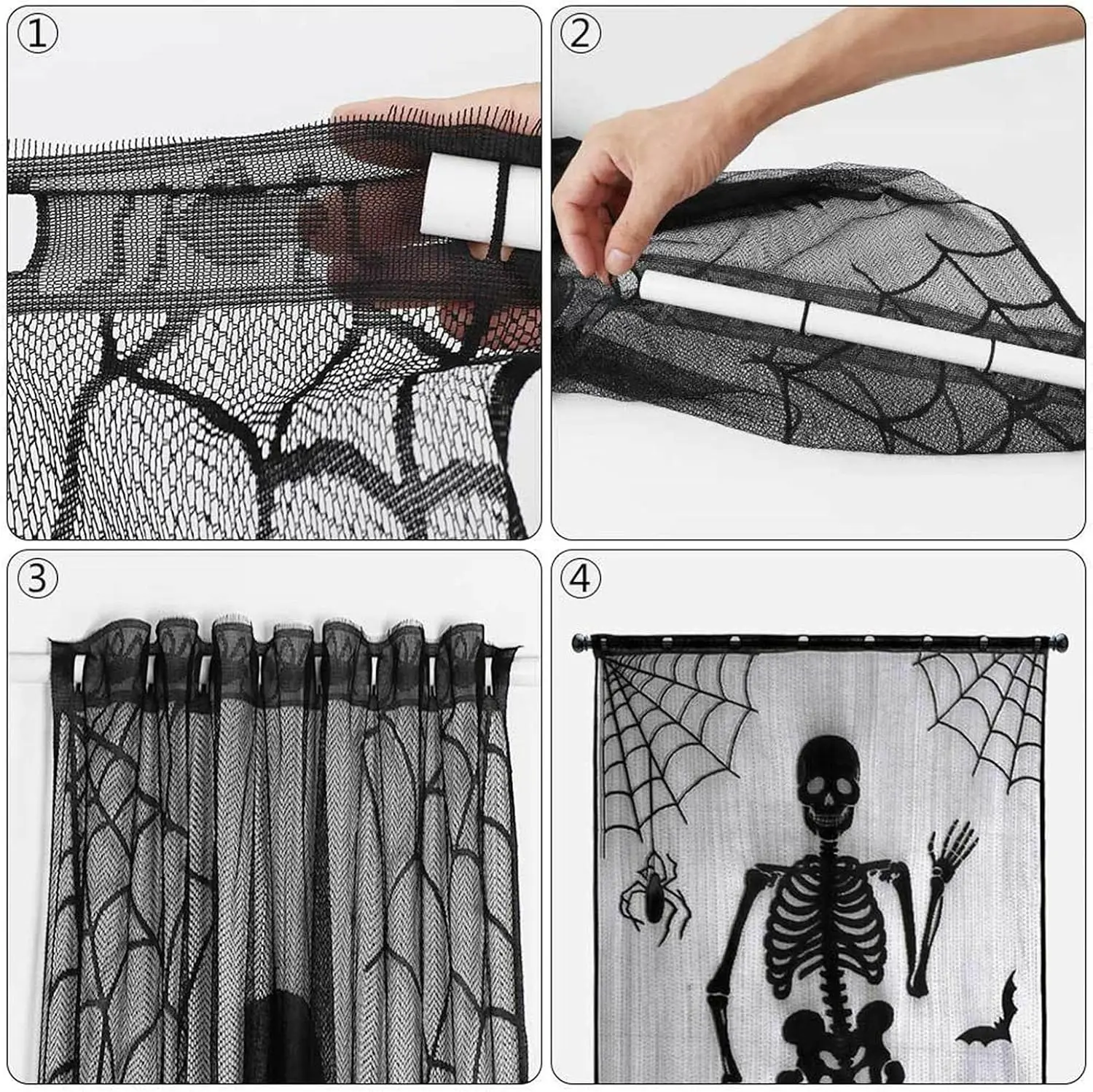 Halloween Skeleton Lace Door Curtain Black Skull Spider Bat Pumpkin Window Curtain For Ghost Party Home Wall Decorations view 5