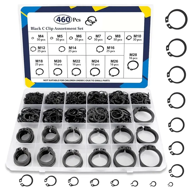 M11K-460PCS Metric - External C-Clip Circlips Snap Retaining Rings 15 Sizes Assortment Kit For Shaft Auto Motorcycle