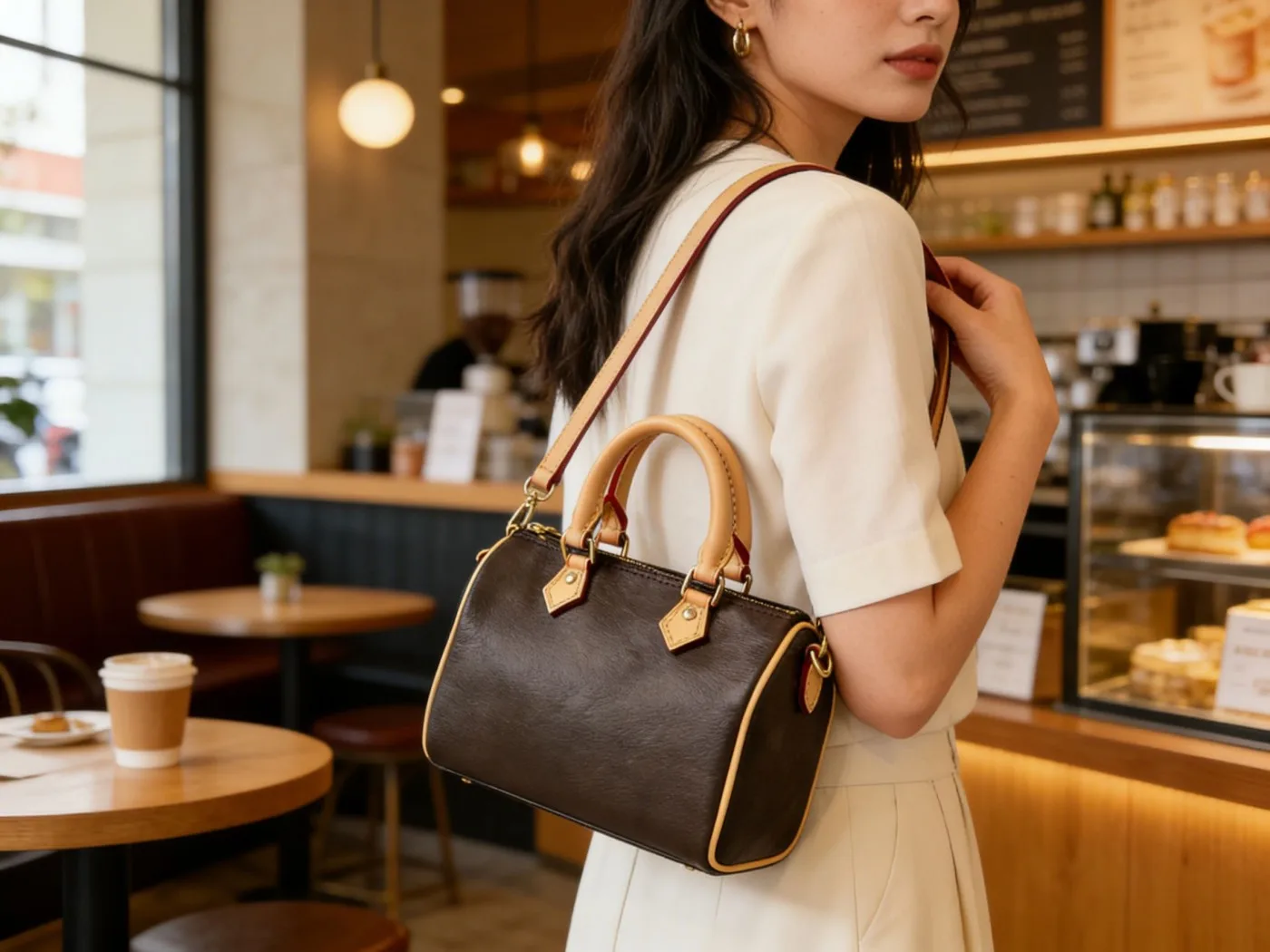 

Классическая темно-коричневая мини-сумка Boston для женщин с контрастной отделкой и двумя ручками, компактный размер, идеально подходит для ежедневных поездок на работу