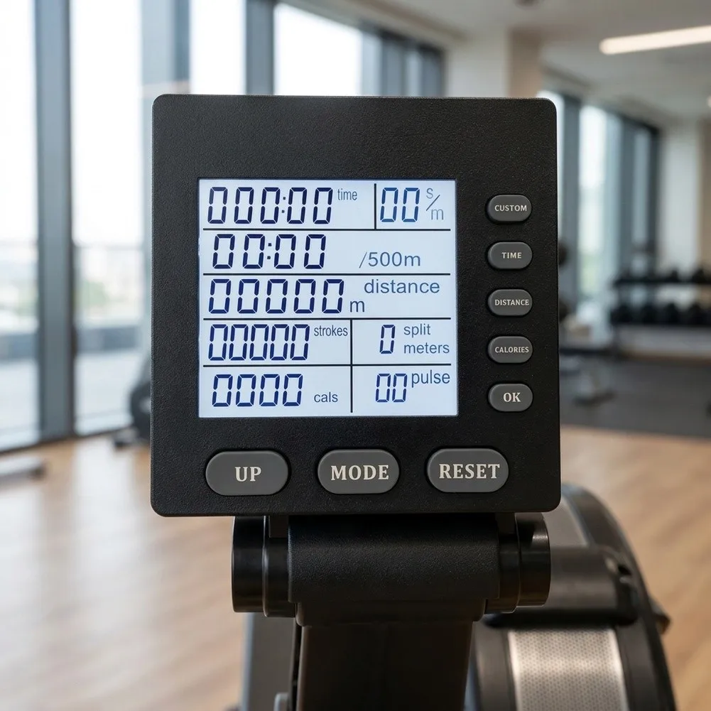 Air Rowing Machine LCD Console Supporting Target-Based Workouts Including Time Distance Calories and Heart Rate Goals