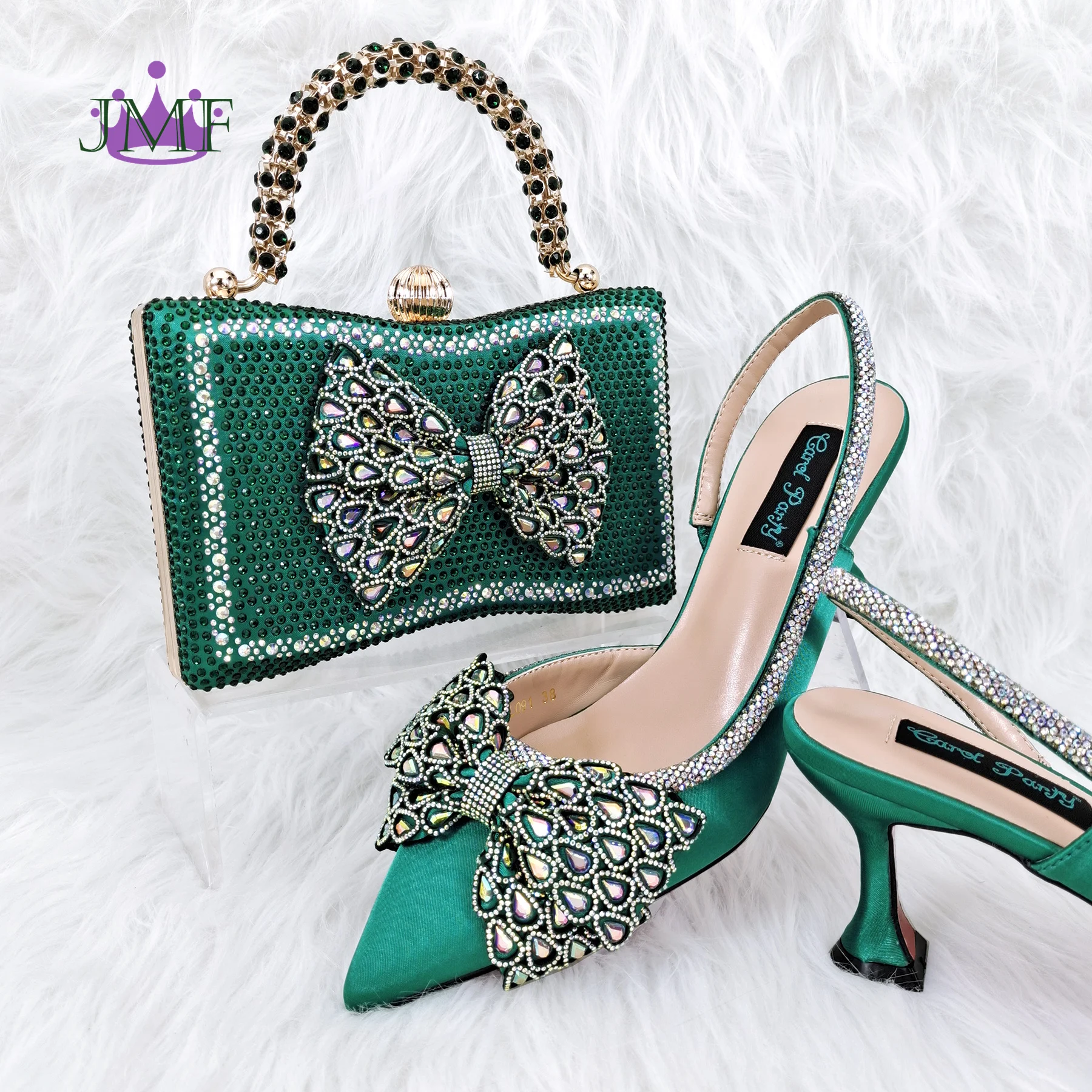 JMF Butterfly-knot princess style! Young Girl Rhinestone-encrusted Shoes And Bag & Comfortable Pointed-Toe High Heels For Party