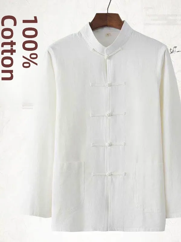 

Мужская рубашка в китайском стиле из хлопка и льна, ретро-ханьфу, буддийская одежда, топ с воротником, традиционная этническая одежда