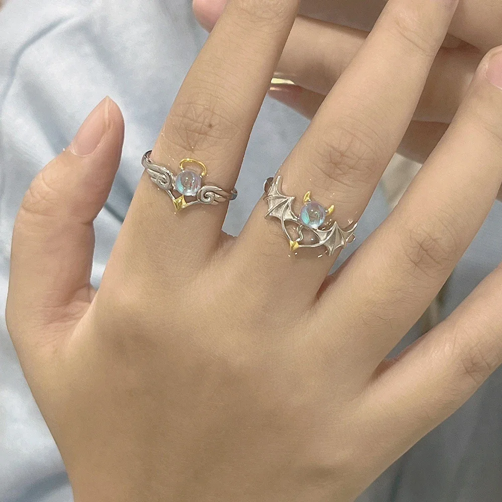 SUMENG 2024 New Fashion Romantic Angel and Demon Wings Couple Rings Goth Moonstone Adjustable Opening Finger for Women Men Gifts