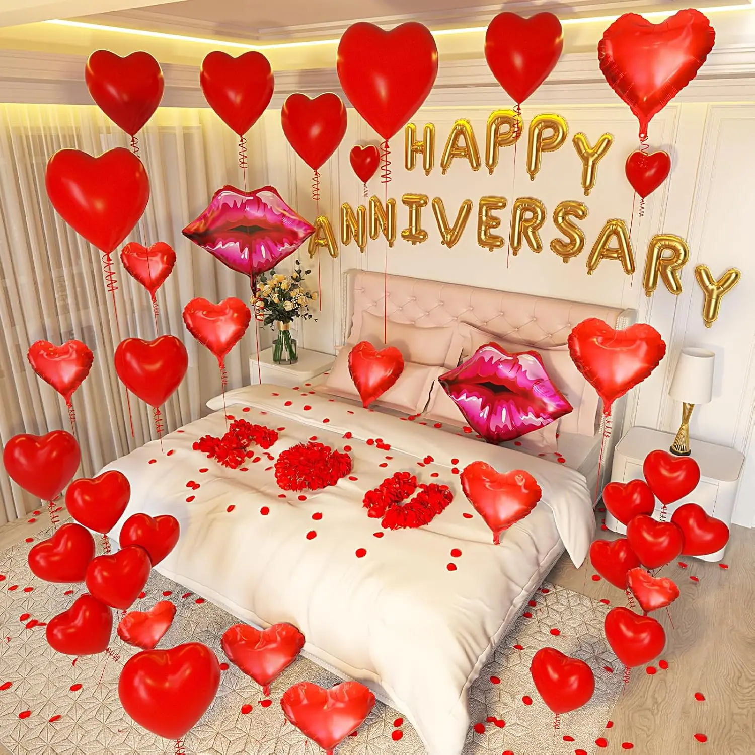 Happy Anniversary Ballon-Set, rote Lippen und Herz, Aluminiumfolie, Ballon, Simulation Rosenblätter für Valentinstag, Hochzeit