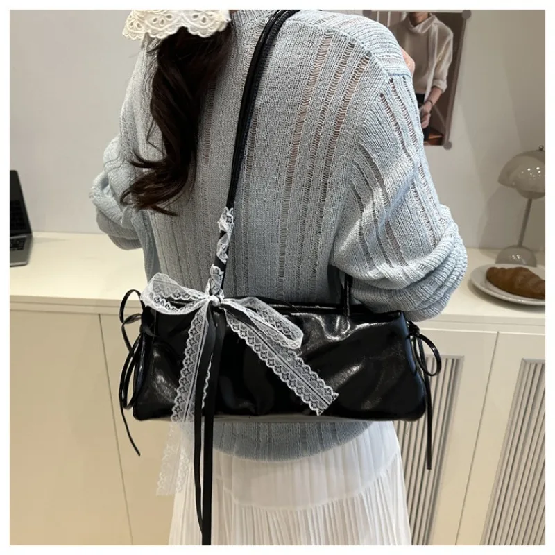Women Glossy PU Baguette Underarm Bag Korean Ballet Style Lace Bow Decor Shoulder Bag Side Drawstring Zipper Handbag for Ladies