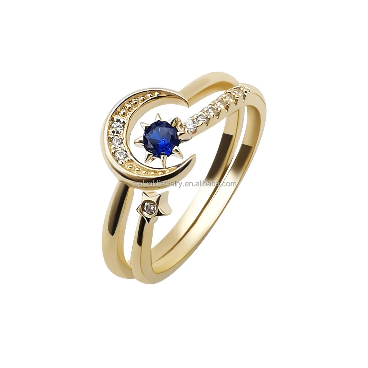 

Finger Elegance Au375 Blue Stone Star And Moon 9k Real Gold Ring Women Jewelry With CZ